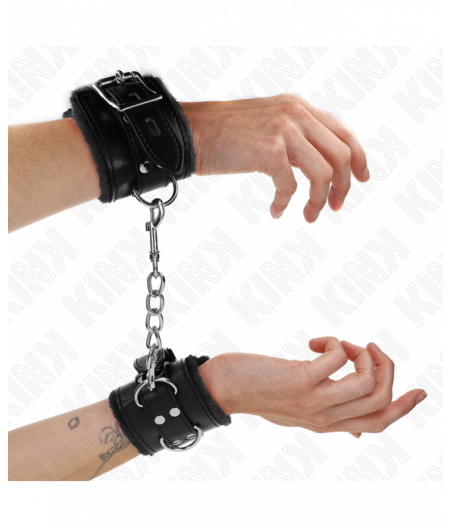 KINK - FUR LINED WRIST RESTRAINTS BLACK WITH BLACK BELT ADJUSTABLE 17-29 CM X 6 CM