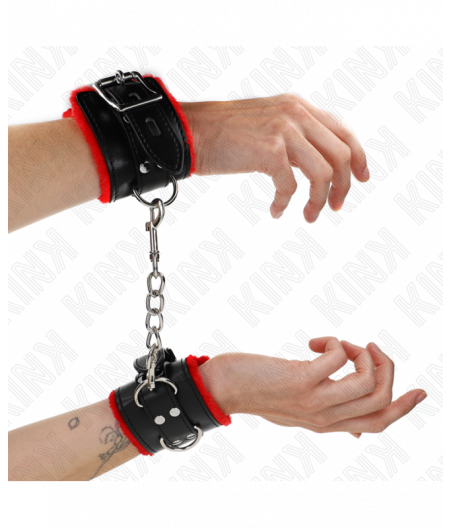 KINK - FUR LINED WRIST RESTRAINTS WITH SQUARE HOLES RED AND BLACK BELT ADJUSTABLE 17-29 CM X 6 CM