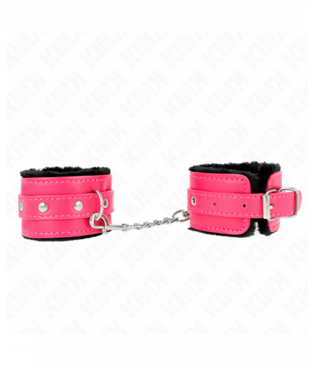 KINK - PREMIUM FUR LINED WRIST RESTRAINTS BLACK WITH RASPBERRY ROSE BELT ADJUSTABLE 17-29 CM X 6 CM