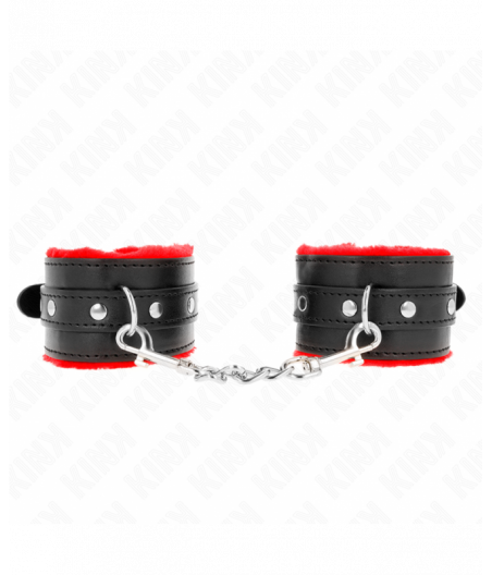 KINK - PREMIUM FUR LINED WRIST RESTRAINTS RED WITH BLACK BELT ADJUSTABLE 17-29 CM X 6 CM