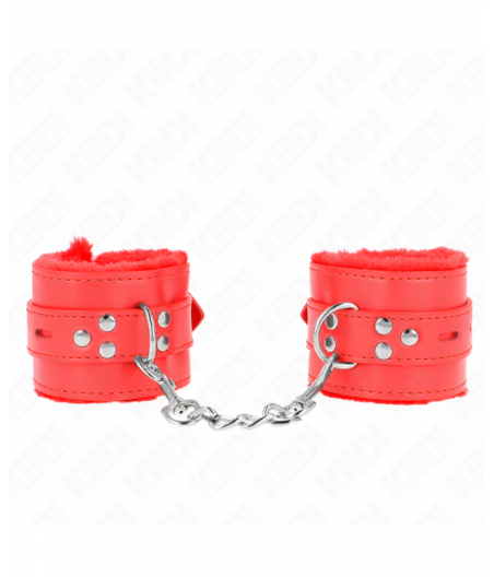 KINK - FUR LINED WRIST RESTRAINTS WITH SQUARE HOLES RED AND RED BELT ADJUSTABLE 17-29 CM X 6 CM