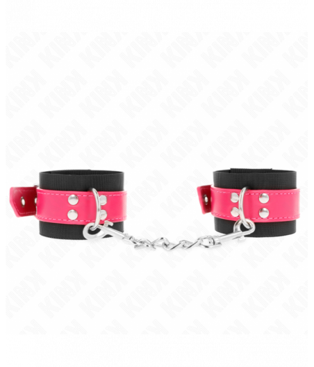 KINK - NYLON WRIST RESTRAINTS BLACK WITH LEATHERETTE BELT RASPBERRY ROSE ADJUSTABLE 19-29 CM X 5.1 CM