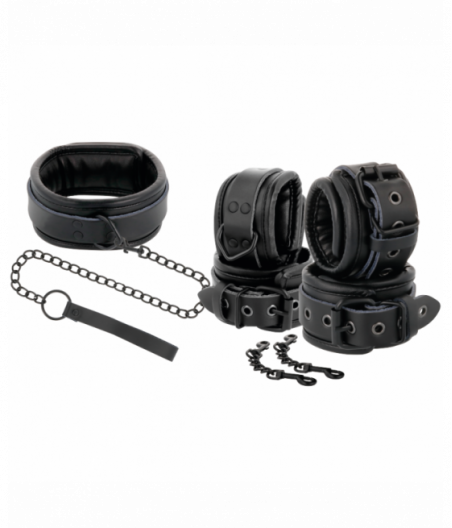 DARKNESS BLACK LEATHER HANDCUFFS AND COLLAR
