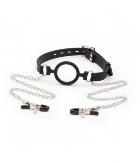 OHMAMA FETISH RING GAG WITH CHAINS AND NIPPLE CLAMPS