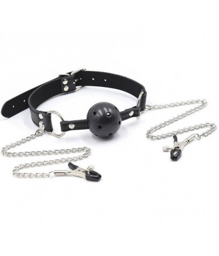 OHMAMA FETISH BALL GAG WITH VENTS AND NIPPLE CLAMPS