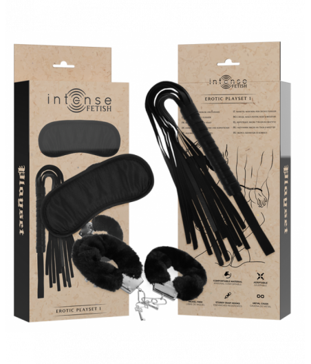 INTENSE FETISH - EROTIC PLAYSET 1 WITH HANDCUFFS, BLIND MASK AND FLOGGER