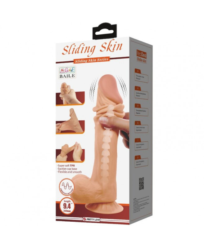 PRETTY LOVE - SLIDING SKINS SERIJOS REALISTINIS DILDO SU SKIDANČIU ODOS SIurbimo puodeliu, 24 CM 2